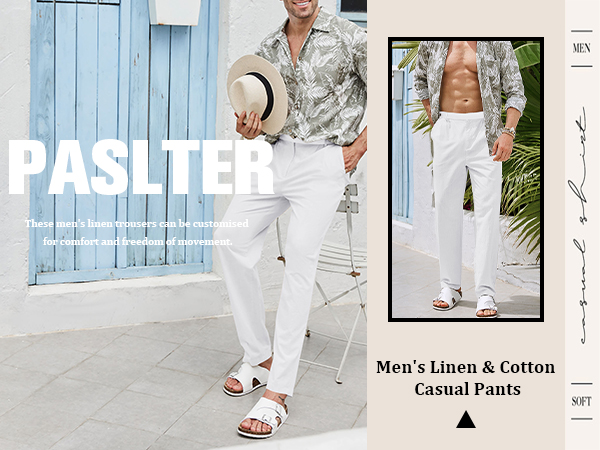 Mens Linen Cotton Pants Casual Regular Fit Elastic Waist Jogger Yoga Long Pants