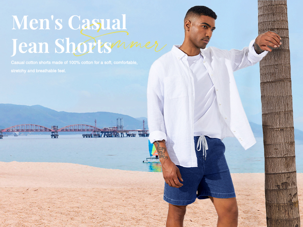 Runcati Mens Casual Jean Shorts Cotton Summer Beach Elastic Waist Drawstring Stretch Denim Shorts