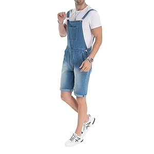 short bib overalls for men jean summer slim fit loose stretch blue jumpsuit suit pants fashion