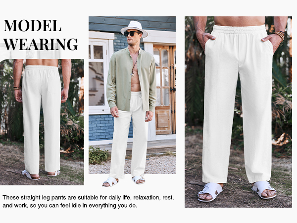 Mens Linen Cotton Pants Casual Loose Fit Straight-Leg Lightweight Elastic Waist