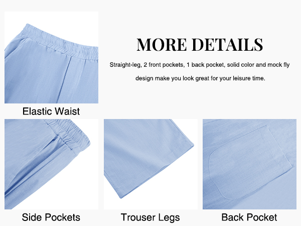 Mens Linen Cotton Pants Casual Loose Fit Straight-Leg Lightweight Elastic Waist
