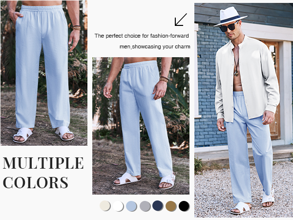 Mens Linen Cotton Pants Casual Loose Fit Straight-Leg Lightweight Elastic Waist