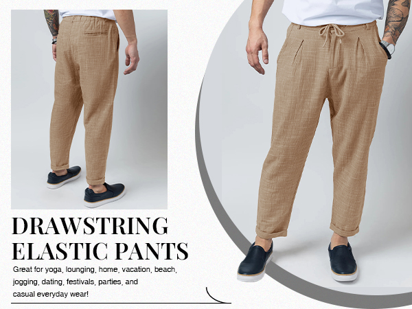 PASLTER Mens Casual Pants Drawstring Elastic Waist Loose Fit Lightweight Tapered Chino Pants