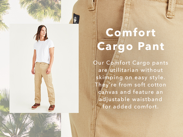 Image collage with text and photograph of a male model in Comfort Cargo pants