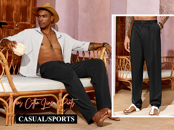 Mens Cotton Linen Pants Casual Elastic Waist Lightweight Pleats Yoga Beach  with Pockets