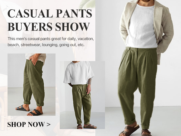 Mens Cotton Linen Pants Casual Elastic Waist Lightweight Pleats Yoga Beach  with Pockets