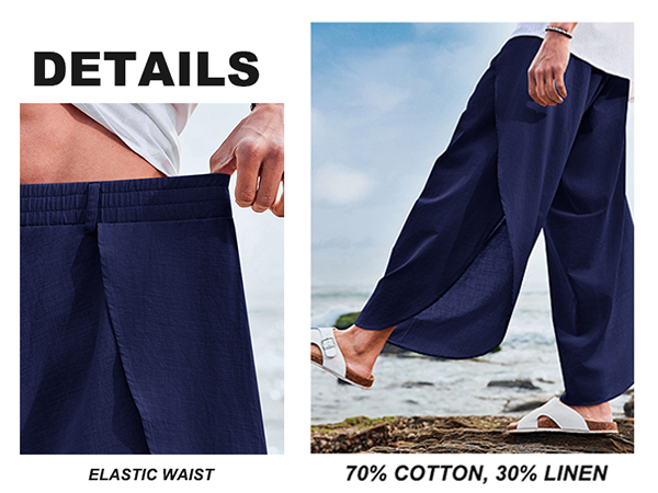Mens Cotton Linen Pants Casual Elastic Waist Loose Fit Lightweight Summer Beach Yoga Pants