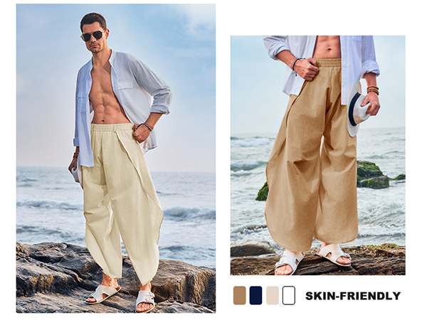Mens Cotton Linen Pants Casual Elastic Waist Loose Fit Lightweight Summer Beach Yoga Pants