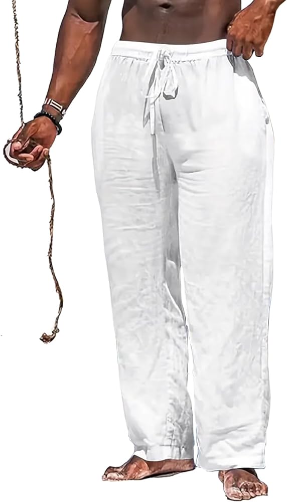 Men's Casual Cotton Linen Drawstring Pants Breathable Summer Beach Pants