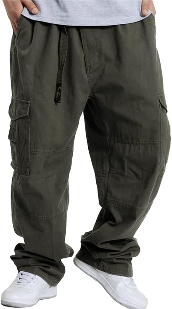 Mens Baggy Cargo Pants Casual Loose Fit Elastic Waist Cotton Twill Cargo Pants