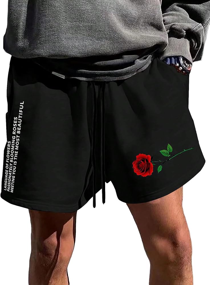 SOLY HUX Men's Graphic Sweat Shorts Floral Letter Print Drawstring Waist Track Shorts with Pocket
