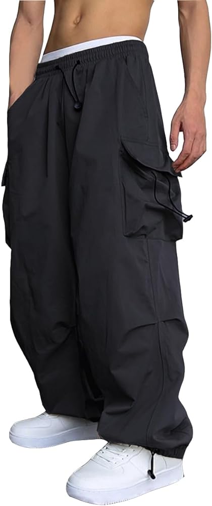 WZIKAI Men's Baggy Cargo Pants Casual Parachute Cargo Pants Loose Fit Hip Hop Harem Pants with Pockets