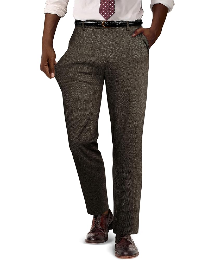 PJ PAUL JONES Men's Vintage Dress Pants Stretch Herringbone Knit Tapered Pants Casual Business Suit Trousers