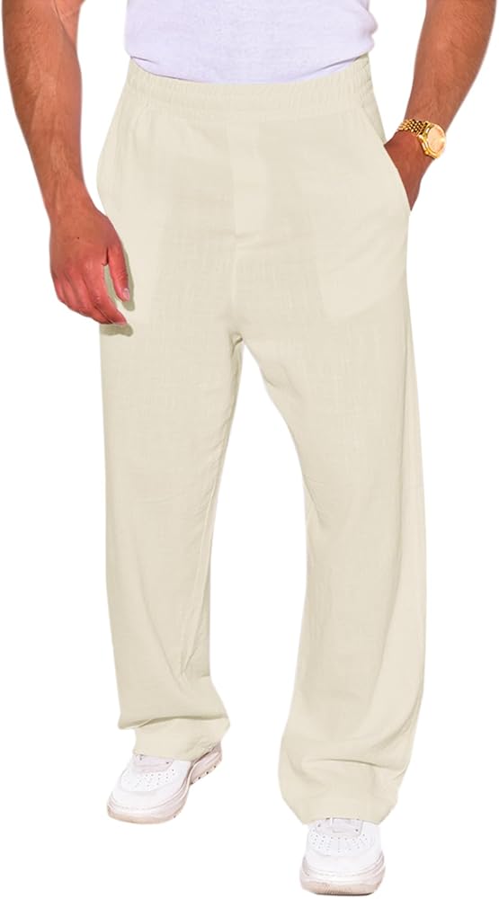 PASLTER Mens Linen Cotton Pants Casual Loose Fit Straight-Leg Lightweight Elastic Waist Beach Yoga Lounge Trousers for Men