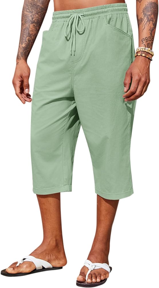 Runcati Mens Harem Capri Pants Casual Elastic Waist Cotton 3/4 Shorts Summer Beach Yoga Tapered Trousers