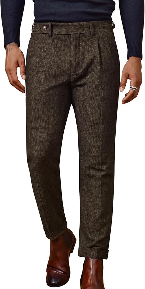PJ PAUL JONES Men Vintage Tweed Pants Herringbone Pleated Suit Trousers