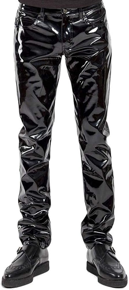 Mens Black PVC Leather Wet Look Sleek Biker Pants，Sexy Stage Club Pants
