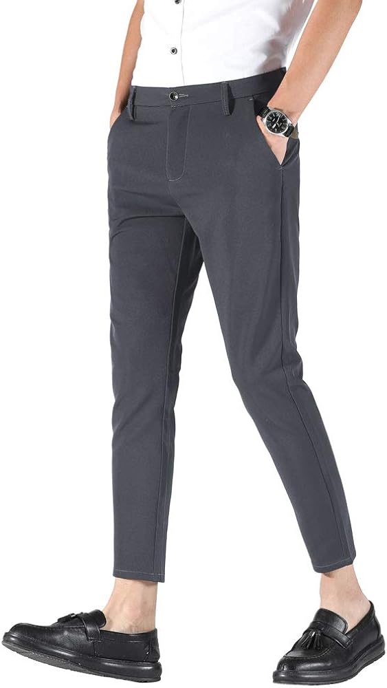 Plaid&Plain Men's Stretch Skinny Fit Casual Business Pants Ankle Dress Pants