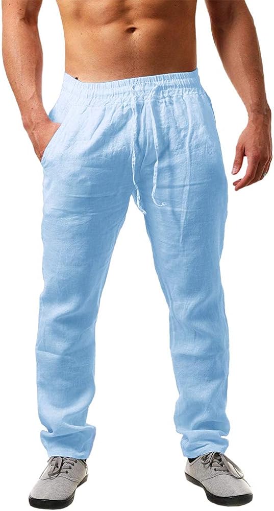 Karlywindow Mens Linen Pants Casual Loose Lightweight Drawstring Elastic Waist Summer Yoga Beach Trousers