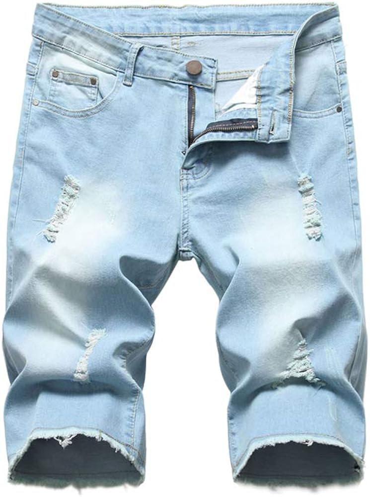 PASOK Men's Casual Denim Shorts Distressed Stretchy Jeans Shorts Ripped Short Pants