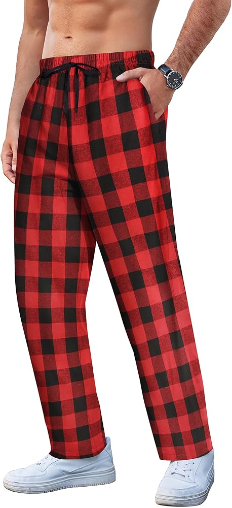 COOFANDY Men's Plaid Casual Pants Drawstring Lightweight Yoga Lounge Pants Soft Cotton Flannel Pajama Pants with Pockets