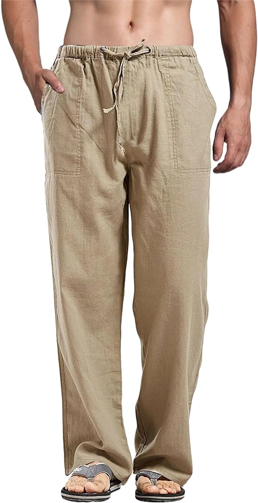 perdontoo Mens Casual Cotton Linen Pants Elastic Waist Drawstring Straight Summer Beach Pants