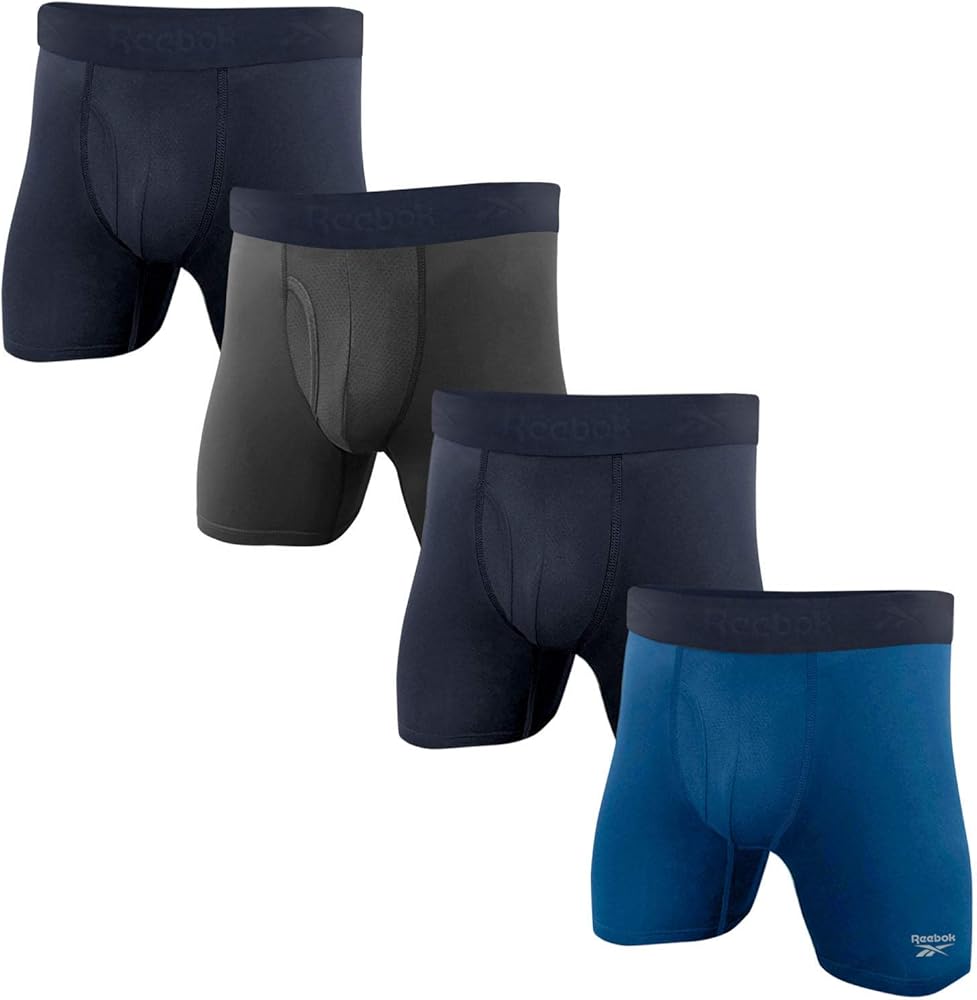 Reebok Mens 4 Pack Performance Boxer Briefs with Comfort Pouch - Navy/Grey/Navy/Blue XX-Large