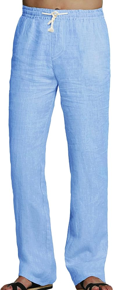 Youhan Men's Fitted Elastic Waistband Cotton Linen Pants with Drawstring