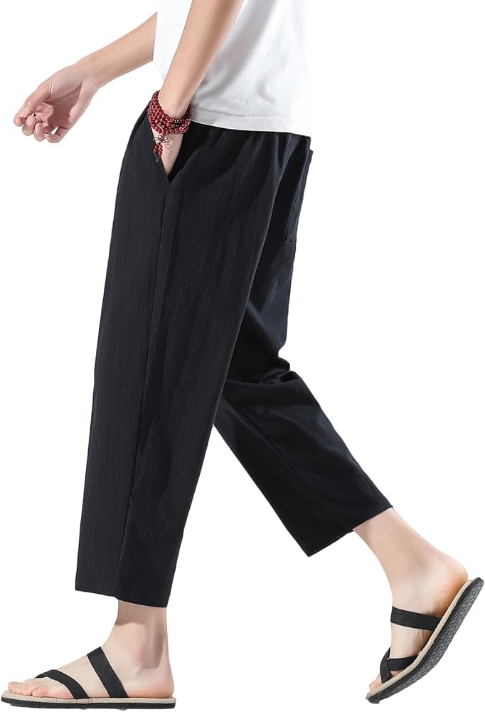 Mens Harem Pants Casual Lightweight Loose Fit Capri Pants Linen Beach Pants with Elastic Waistband