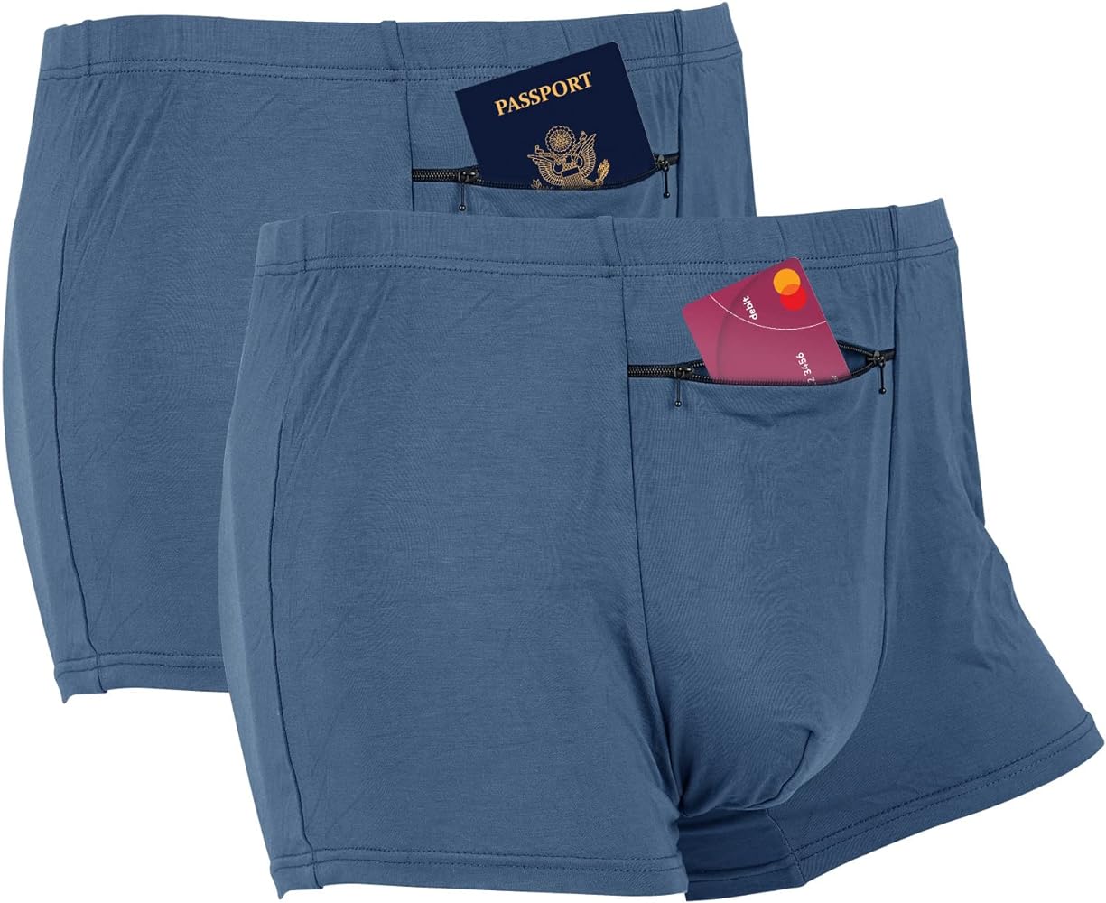 Pocket Underwear for Men with Secret Hidden Pocket, Travel Boxer Briefs, 2 Packs (Blue)