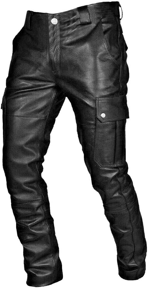 Men's Faux Leather Pants Steampunk Goth Pants Pocket Slim Fit Leather Pants Trousers for Men