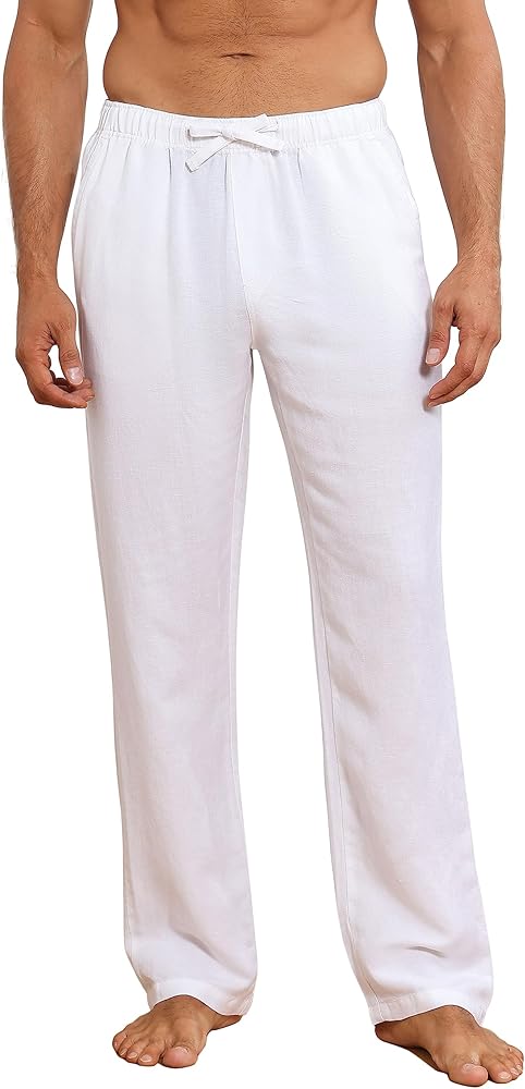 Soojun Mens Linen Pull on Pants with Elastic Waist Casual Yoga Pants