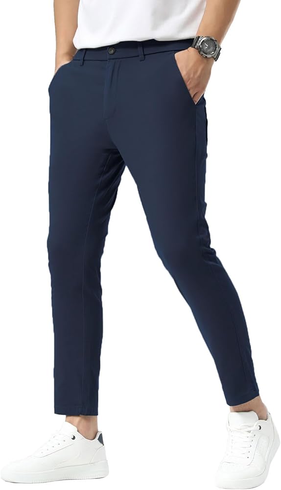 Plaid&Plain Men's Slim Fit Khaki Pants Stretch Cropped Chino Skinny Pants
