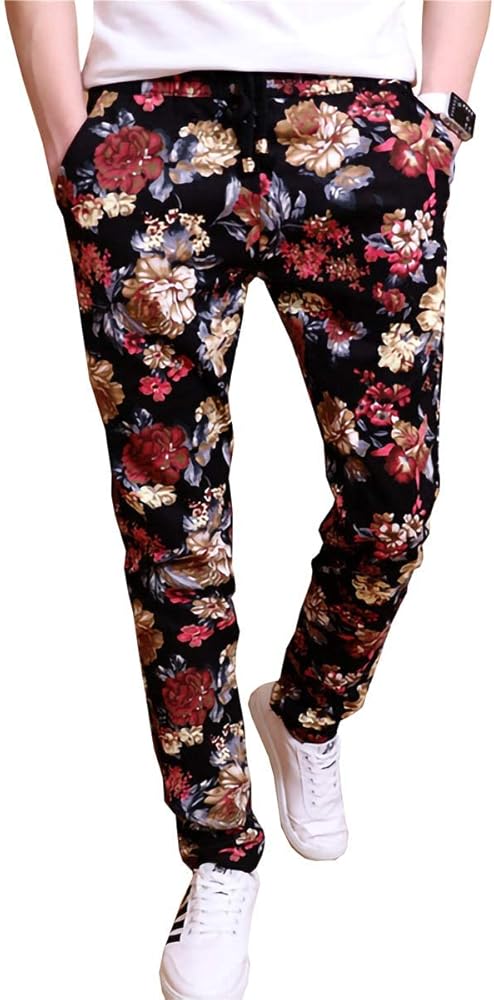 QZH.DUAO Floral Printed Casual Pants Slim Fit Flower Trousers for Men