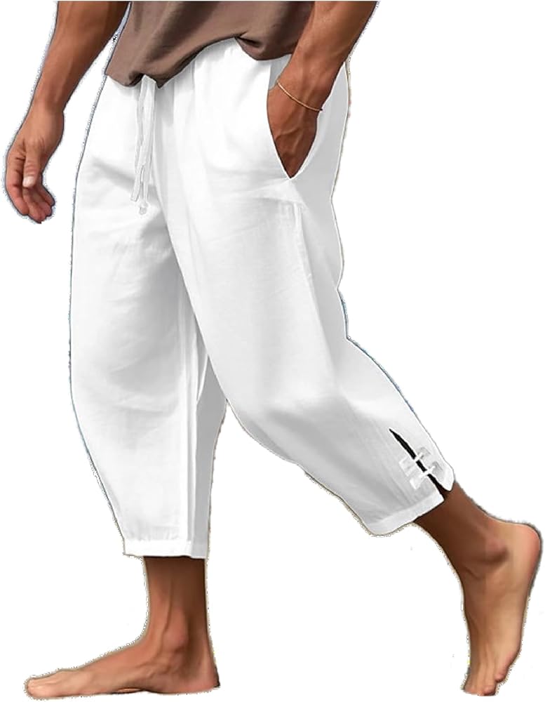Mens Cotton Linen Pants Casual Drawstring Elastic Waist Yoga Pants Summer Beach Loose Trousers