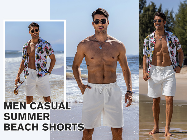COOFANDY Men’s Linen Short Elastic Waist Drawstring Casual Summer Beach Shorts
